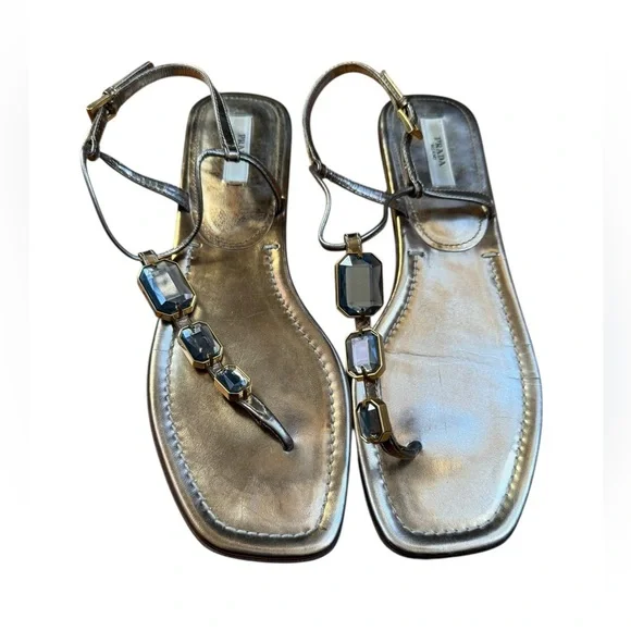 Prada Gold Leather Beaded Sandals - Picture 1 of 6
